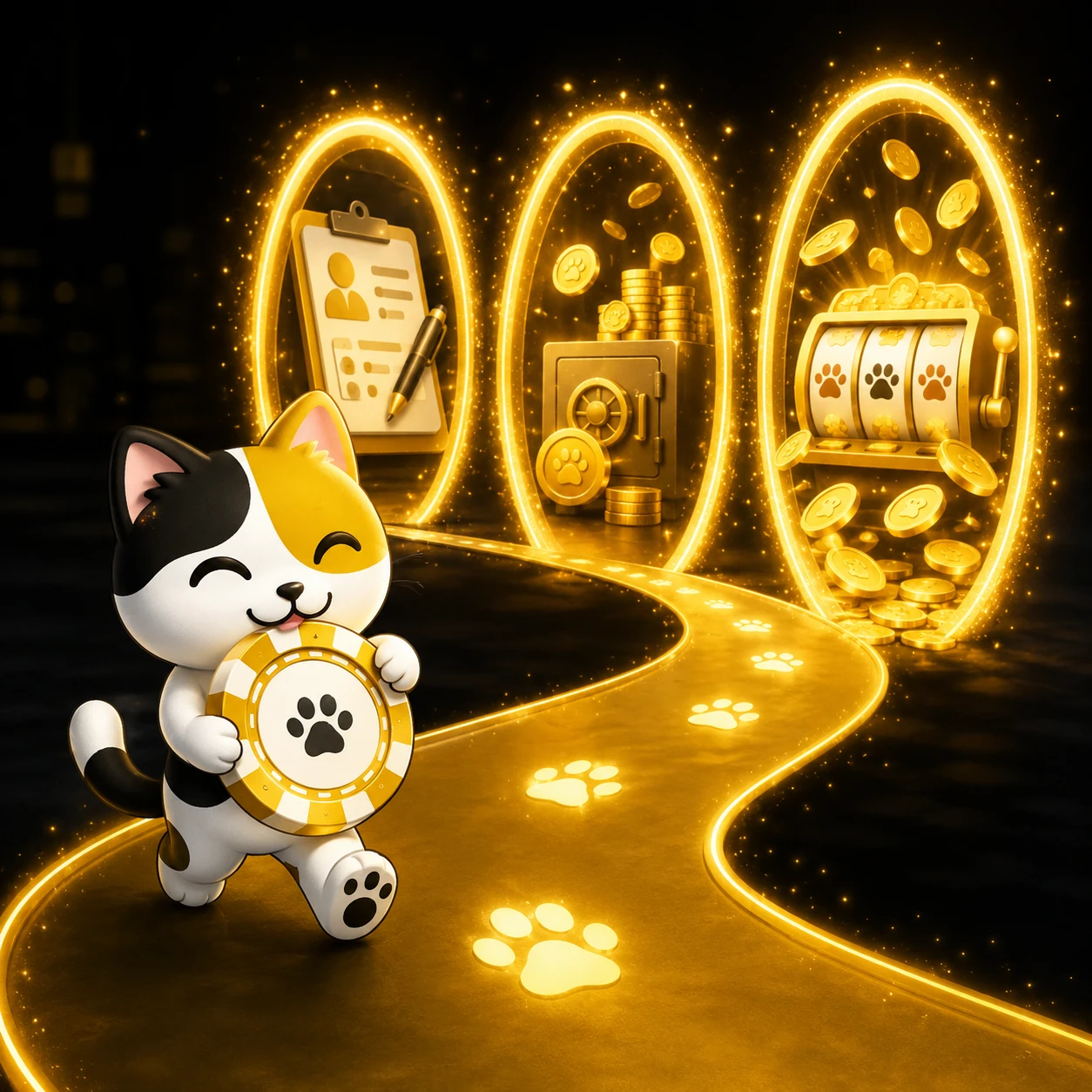 Golden treasure chest overflowing with coins, bonus tickets, and reward icons against a dark background with glowing particle effects
