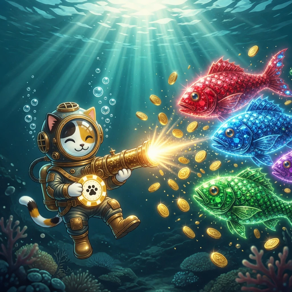 Vibrant underwater fishing game scene with colorful fish, coral reef background, and shooting cannon interface