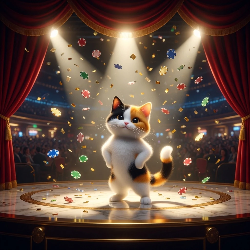 A smartphone displaying the LuckyCalico app interface with casino game thumbnails visible on screen, set against a dark background with golden glow effects radiating from the device