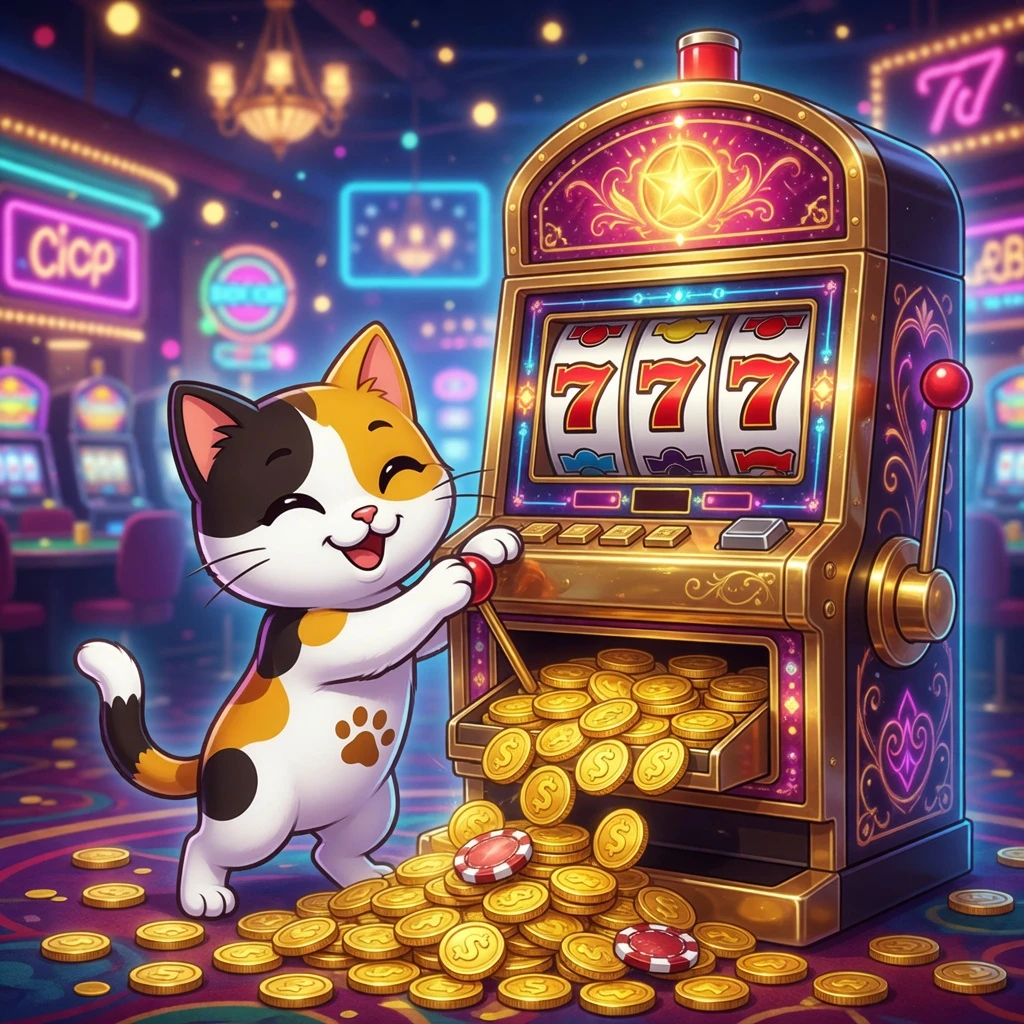 Golden treasure chest overflowing with coins and bonus reward icons against a dark background with sparkle effects